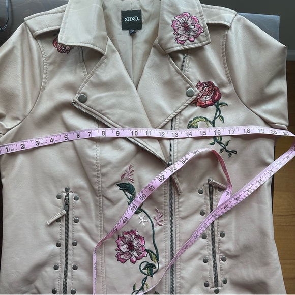 XOXO Embroidered Moto Jacket, Faux Leather, Size Large - Picture 6 of 15